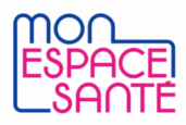 Logo de Mon espace santé, "MON" en bleu encadre "ESPACE SANTÉ" en rose. Le tout suggère la forme d'une icone dossier informatique.