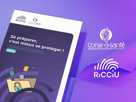 catalogue de services en cybersécurité en corse placé en diagonale sur fond violet. S'apposent à sa droite le logo Corse e-Santé et Ricciu