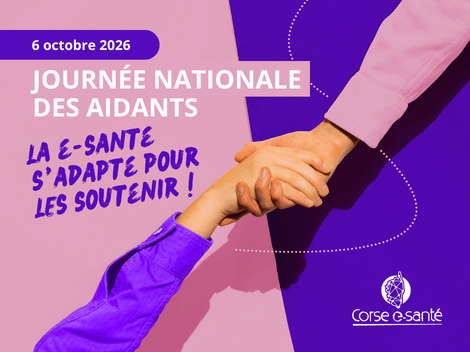 Journée Nationale des Aidants 2026 : visuel de Corse e-santé illustrant le soutien aux aidants grâce à la e-santé. Deux mains se serrent pour symboliser l'accompagnement, la solidarité et les solutions numériques facilitant les parcours de santé des personnes en perte d'autonomie et de leurs proches aidants.